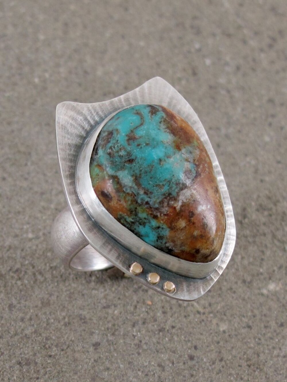 Sterling Silver 925, 14k Gold, and Kingman Turquoise Ring, Size 8 1/2